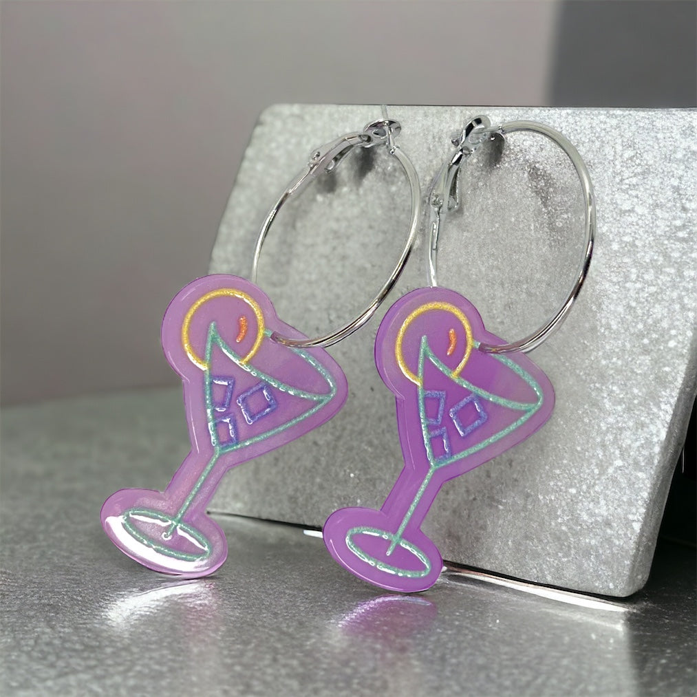Cheers to Style: Purple Martini Hoop Earrings! 🍸
