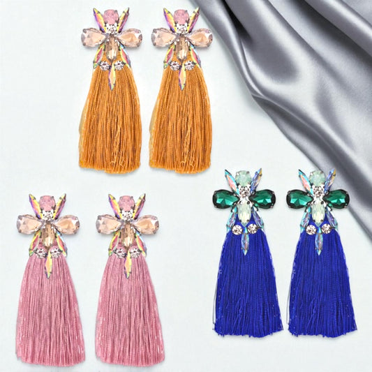 Sparkle & Shine: Stunning Rhinestone Tassel Earrings in Blue, Pink & Gold!