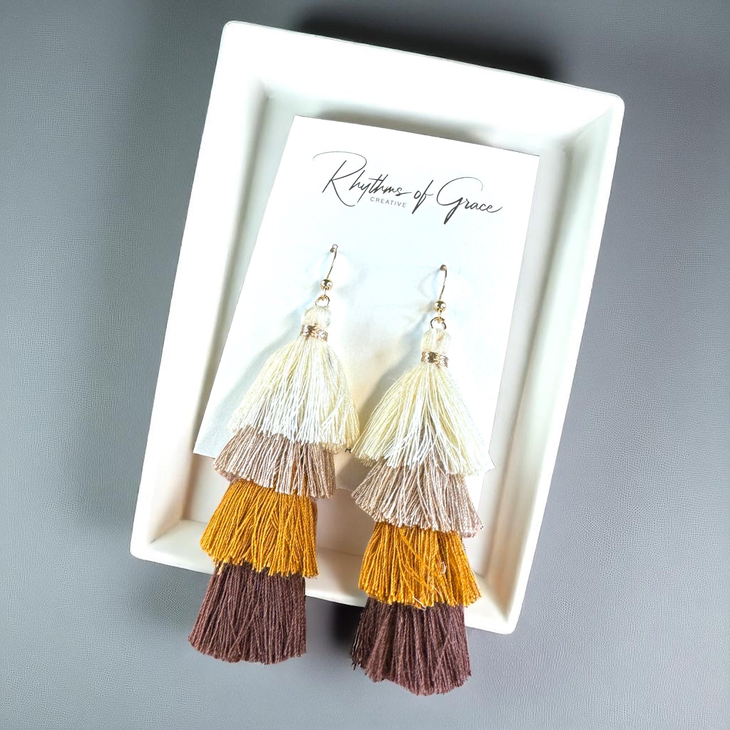 Boho Babe Alert! Tiered Tassel Earrings - Neutral Chic