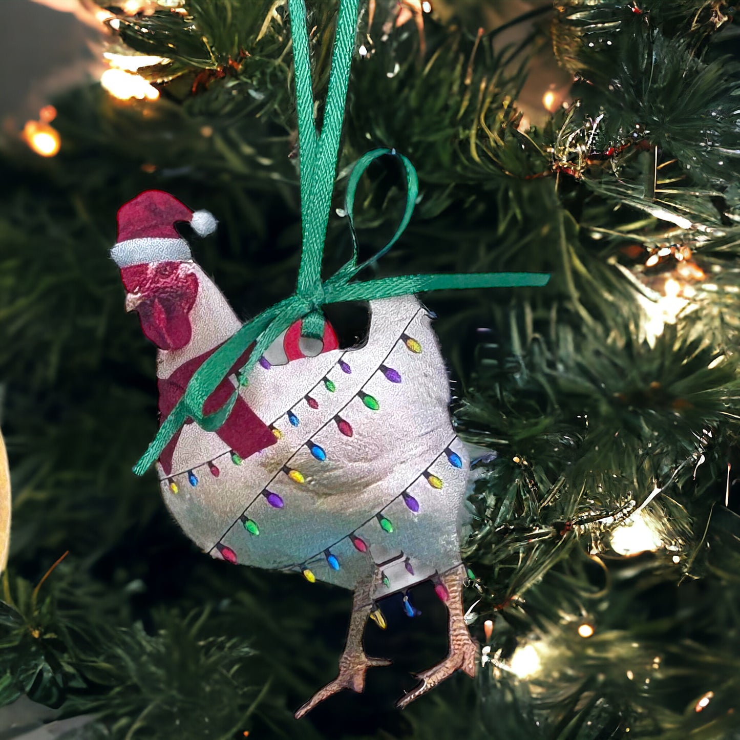 Cluckin' Around the Christmas Tree – White Rooster Ornament
