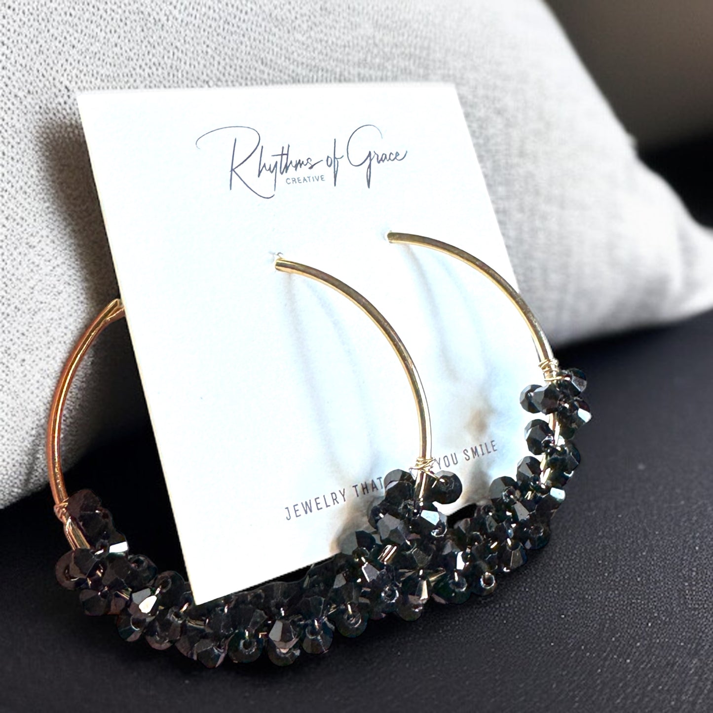 Chic Elegance: Black & Gold Beaded Hoop Earrings