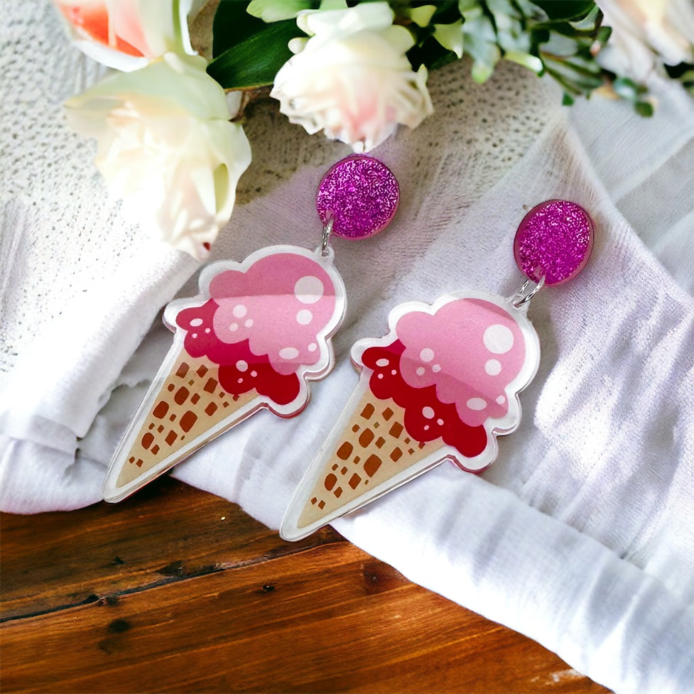 Ice Cream Earrings - Ice Cream Cone, Birthday Earrings, Handmade Jewelry, Ice Cream Jewelry, Food Earrings