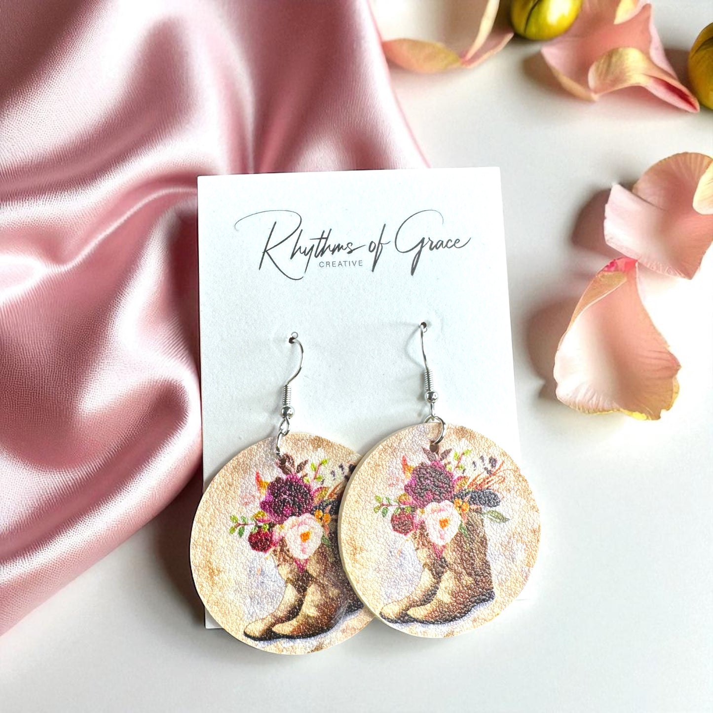 Boots & Blooms: Floral Cowgirl Boot Round Dangle Earrings