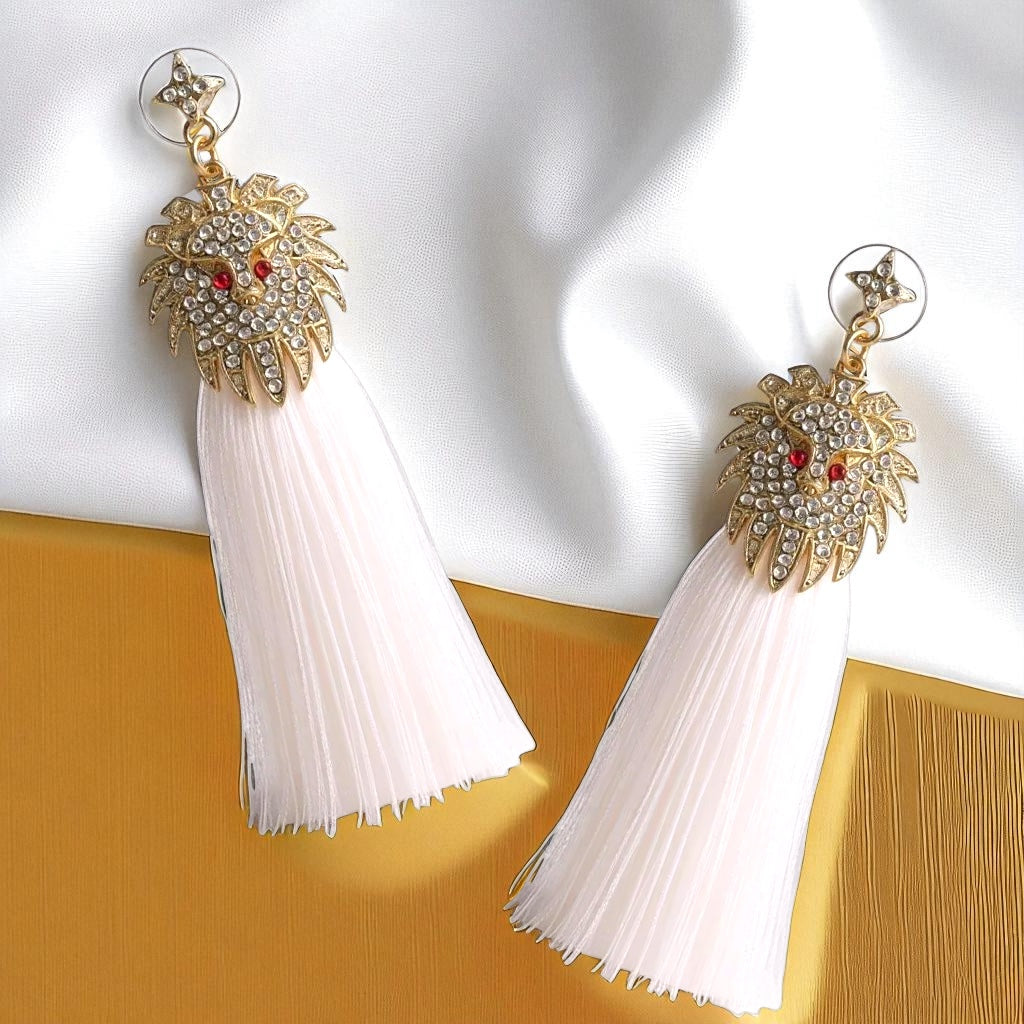 Rhinestone Lion Tassel Dangle Earrings - Available in Three Colors!