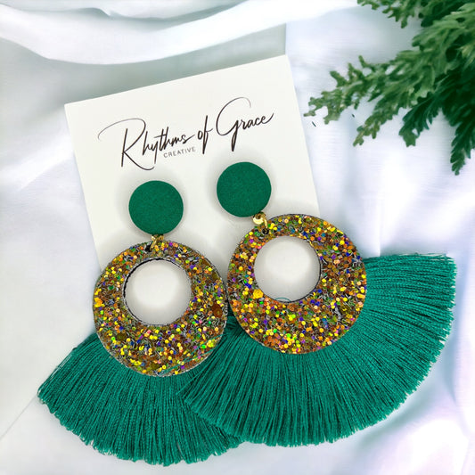 Green Tassel Earrings - Rhinestone Accessories, Green Earrings, Teal Earrings, Luck Accessories, St. Patrick's Day
