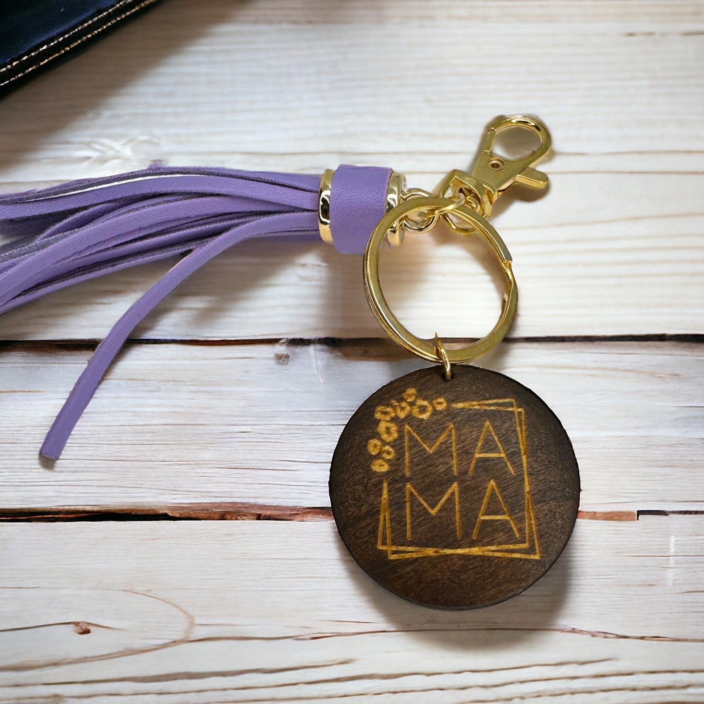 Rustic Wooden Mom Key Chain with Lavender Tassel