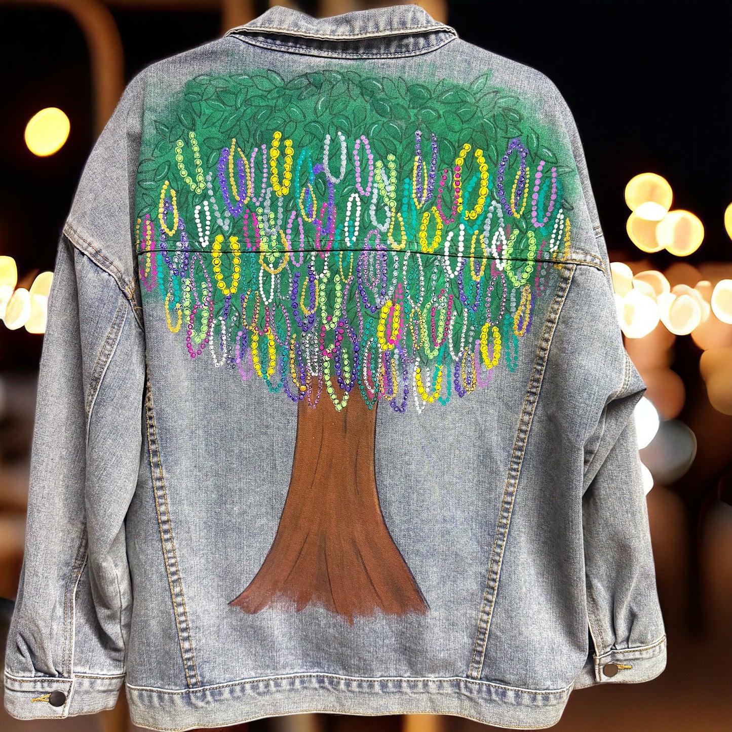 Hand Painted Jean Jacket: “Mardi Gras Bead Tree”