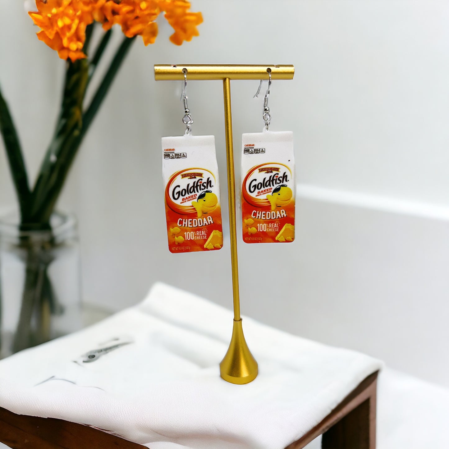 Munchable Charm: Goldfish Cracker Dangle Earrings