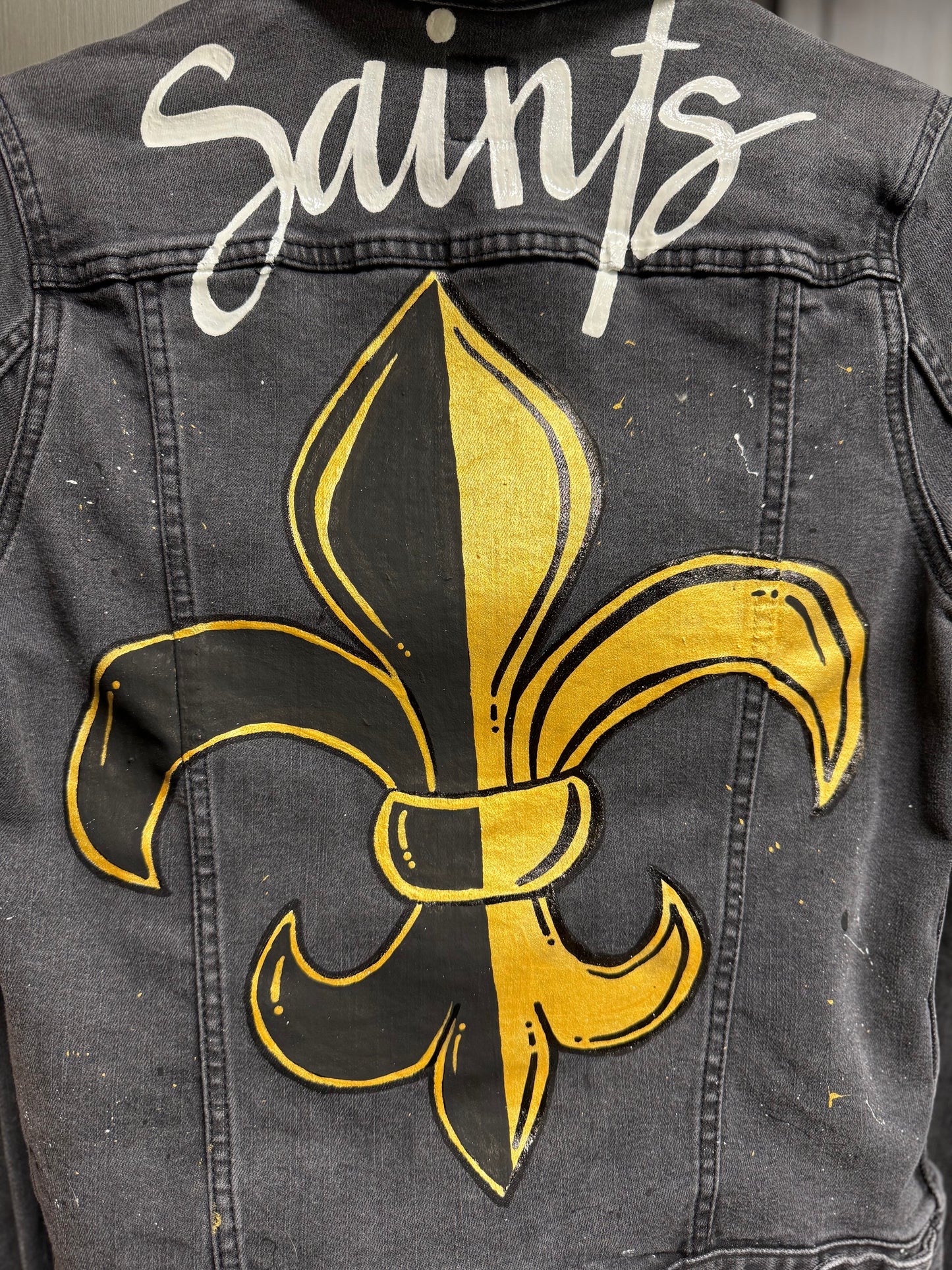 Hand Painted Jean Jacket:”Saints”, New Orleans Jacket, Hand Painted, NOLA Saints, Louisiana