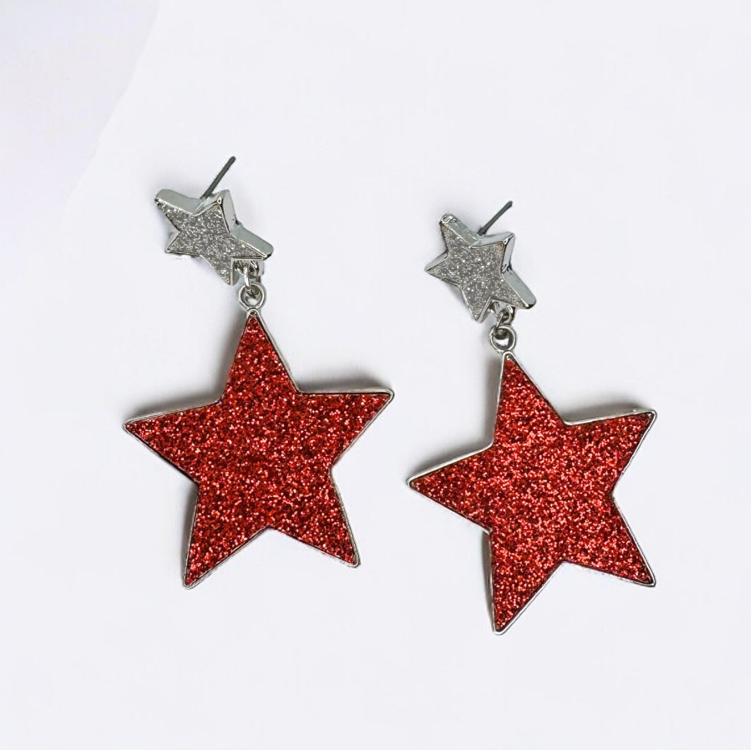 Patriotic Sparkly Star Earrings - Glitter and Enamel Statement Jewelry