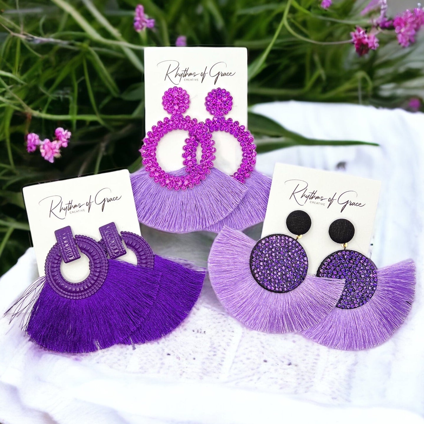 Purple Tassel Earrings - Purple Rhinestones, Rhinestone Accessories, Purple Earrings, Lavender Earrings; Purple Accessories - Rhythms of Grace Creative
