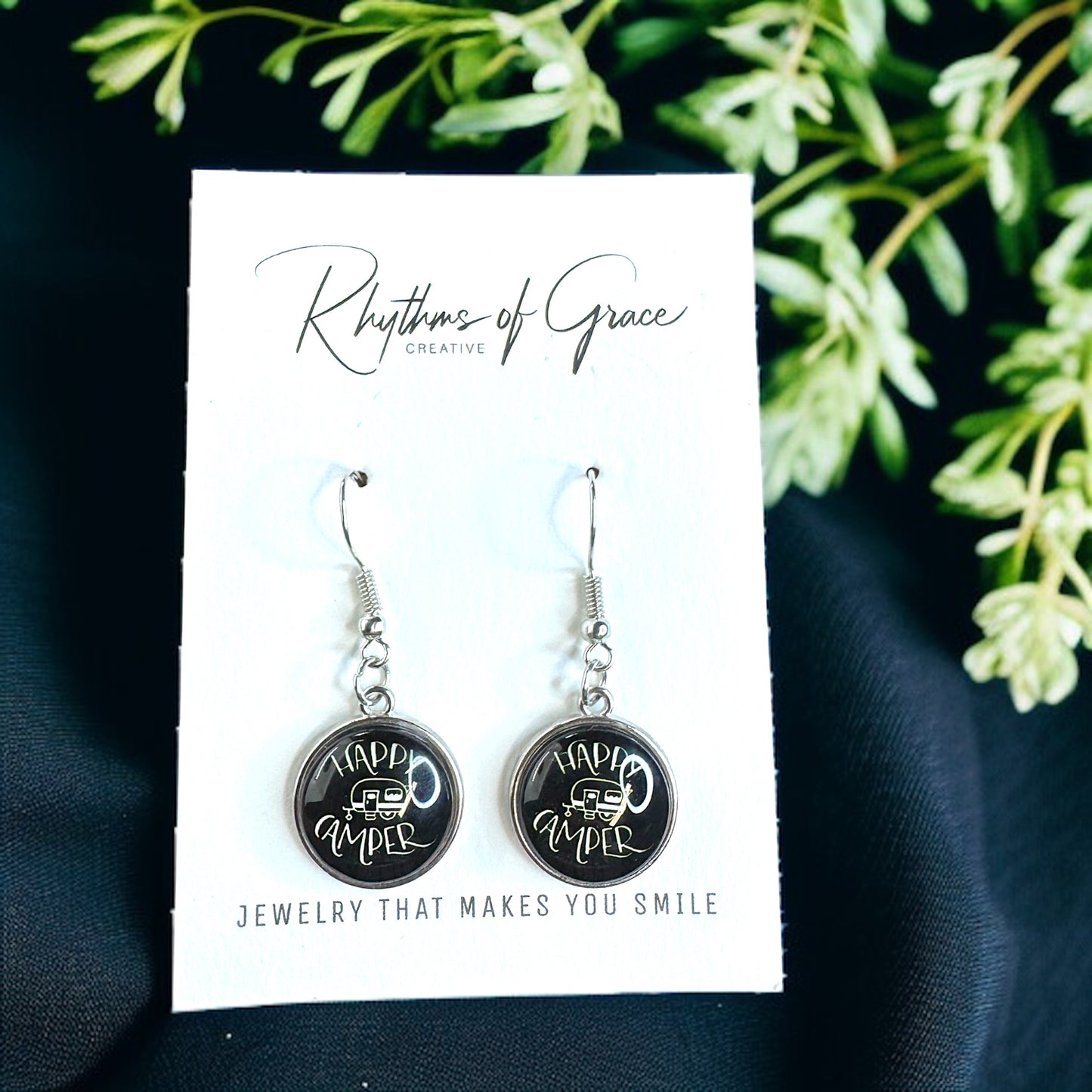 Embrace the Journey with "Happy Camper" Cabochon Dangle Earrings