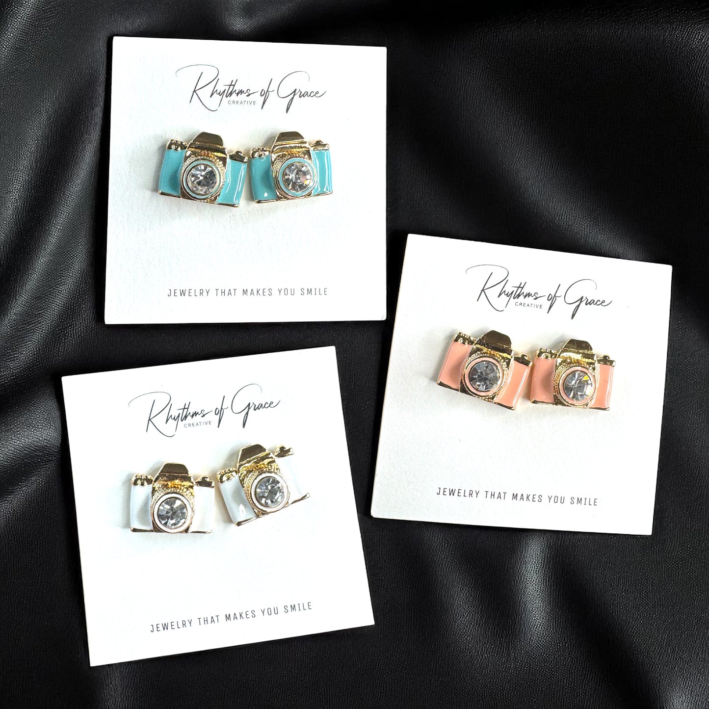 Snap Chic: Dazzling Camera Rhinestone Stud Earrings in White, Pink & Blue!