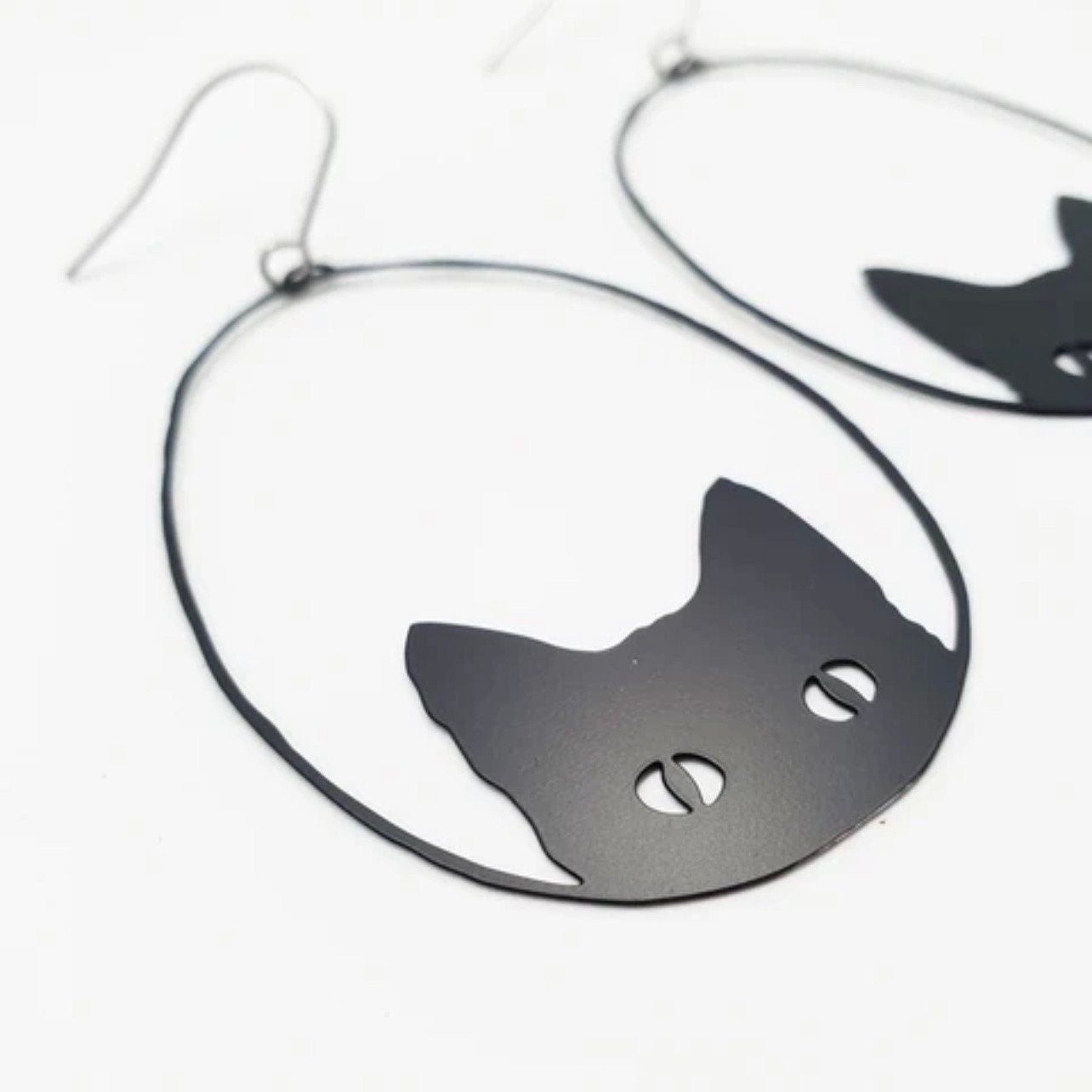 Oversized Black Metal Cat Dangle Earrings - Embrace Your Inner Feline!