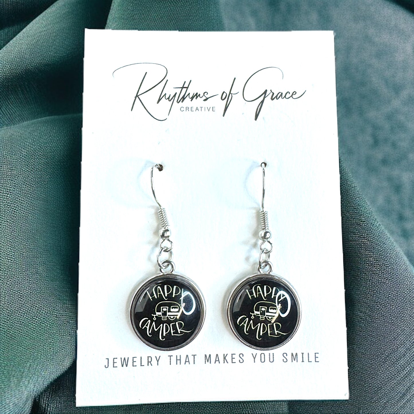 Embrace the Journey with "Happy Camper" Cabochon Dangle Earrings