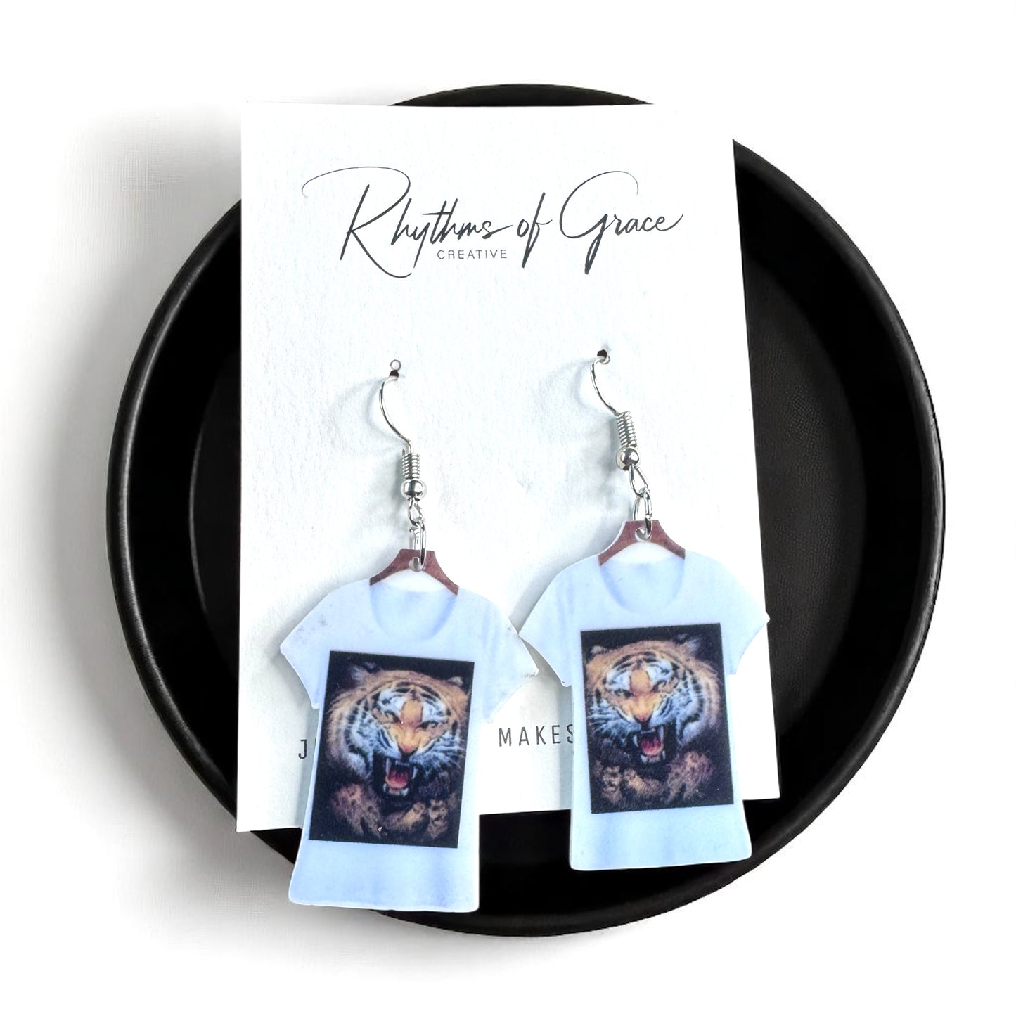 Tiger T-shirt Earrings - Tiger Earrings, Crazy Cat Lady, Tigers Football, Animal Lover, Vet Tech, Veterinarian Gift, Fur Mom, Tiger Shirt - Rhythms of Grace Creative