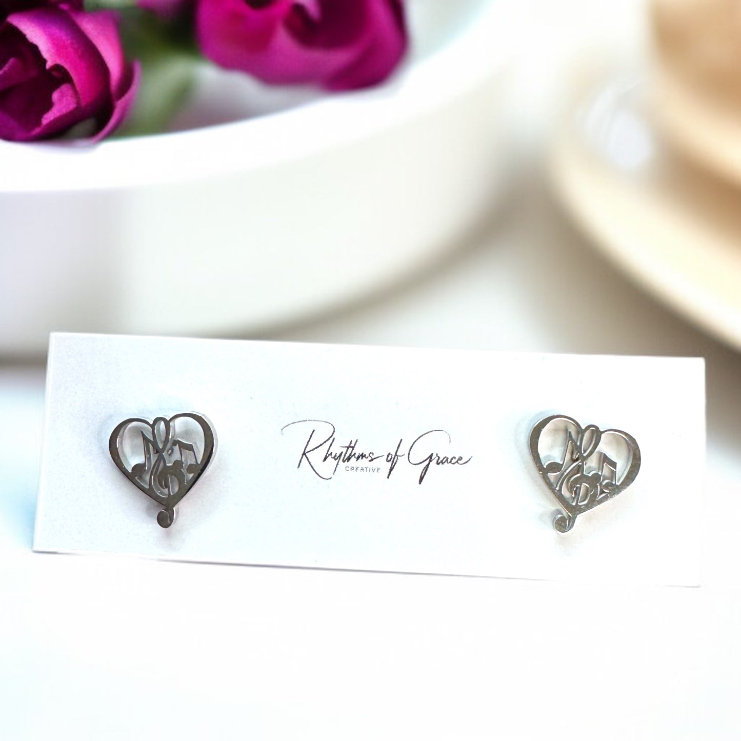 I Heartbeat Harmony: Music Note Heart Stud Earrings ♫