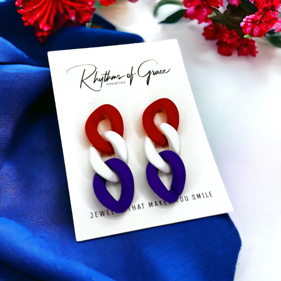 Vibrant Red, White, and Blue Chain Dangle Earrings - Statement Jewelry