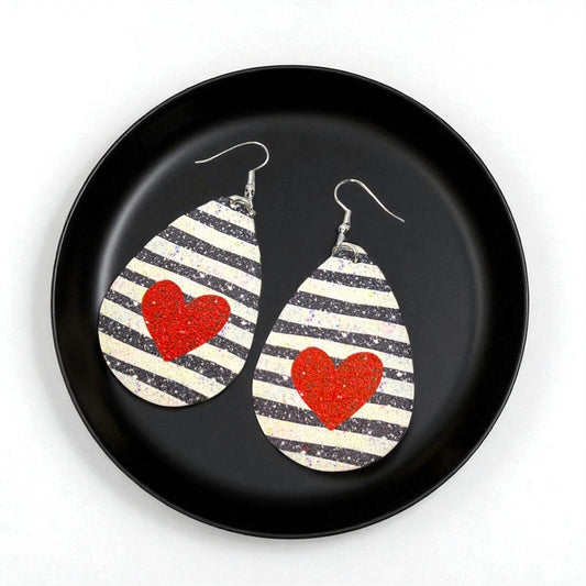 Stripe Me Sweet – Red Heart Teardrop Earrings with Bold Black & White Stripes - Rhythms of Grace Creative