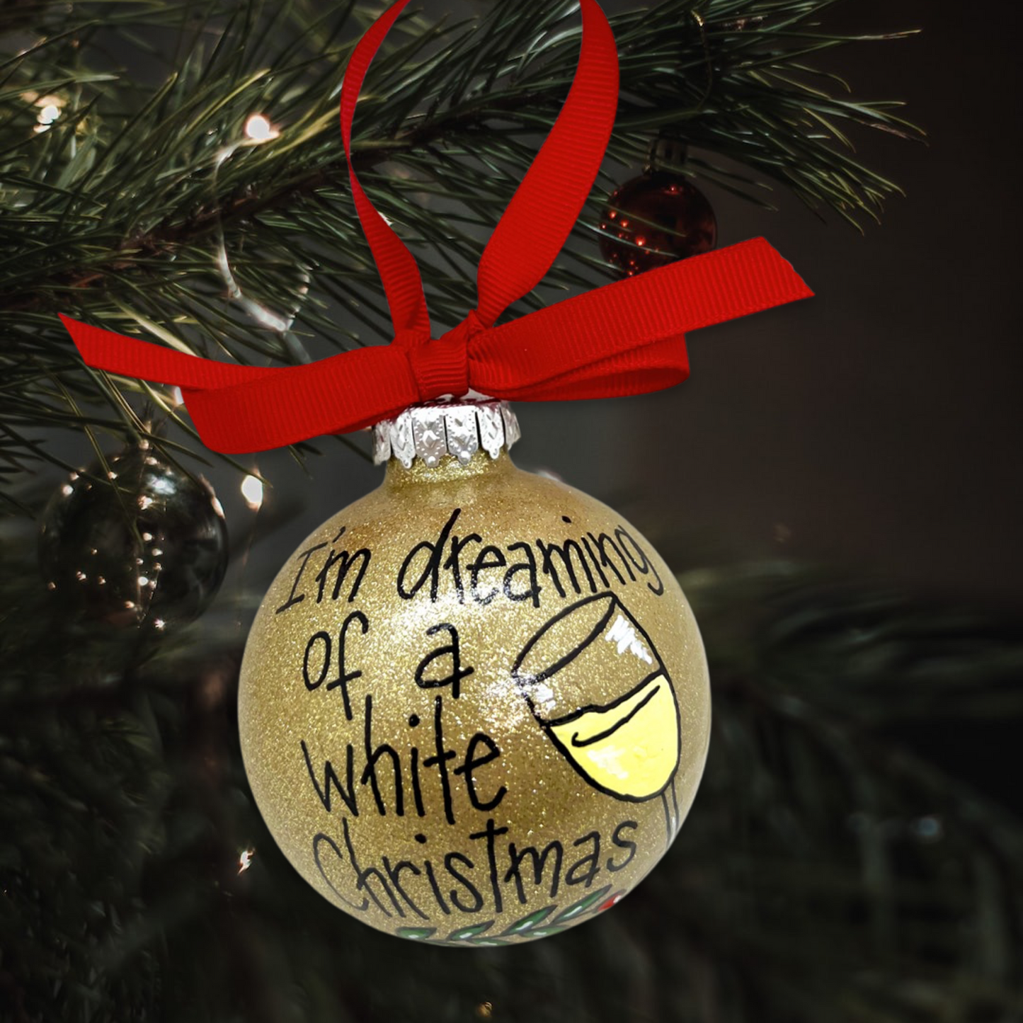 I'm Dreaming of a White Christmas Ornament - White Wine, Christmas Ornament, Holiday Ornament, Wine Glass, Ornament Exchange, Wine Lover - Rhythms of Grace Creative