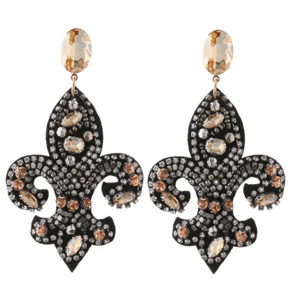 Fleur de lis Earrings - Rhinestone Earrings, Handmade Jewelry, Black and Gold, Who Dat, New Orleans Saints, NOLA Saints, Handmade Earrings