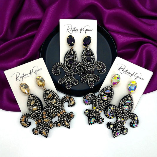 Sparkle in Style: Fleur-de-Lis Rhinestone Earrings – Crystal, Gold & Purple ⚜️