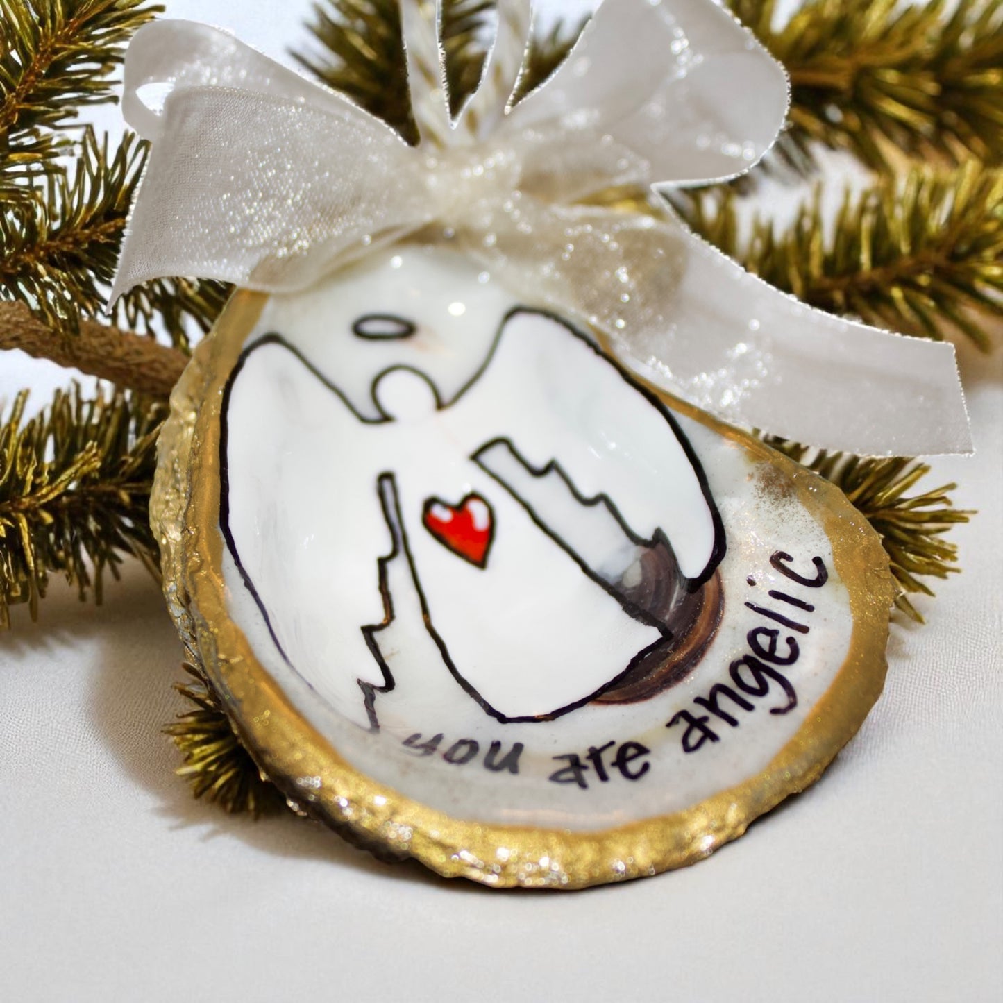 Hand-Painted Oyster Shell Christmas Ornament: "You Are Angelic"