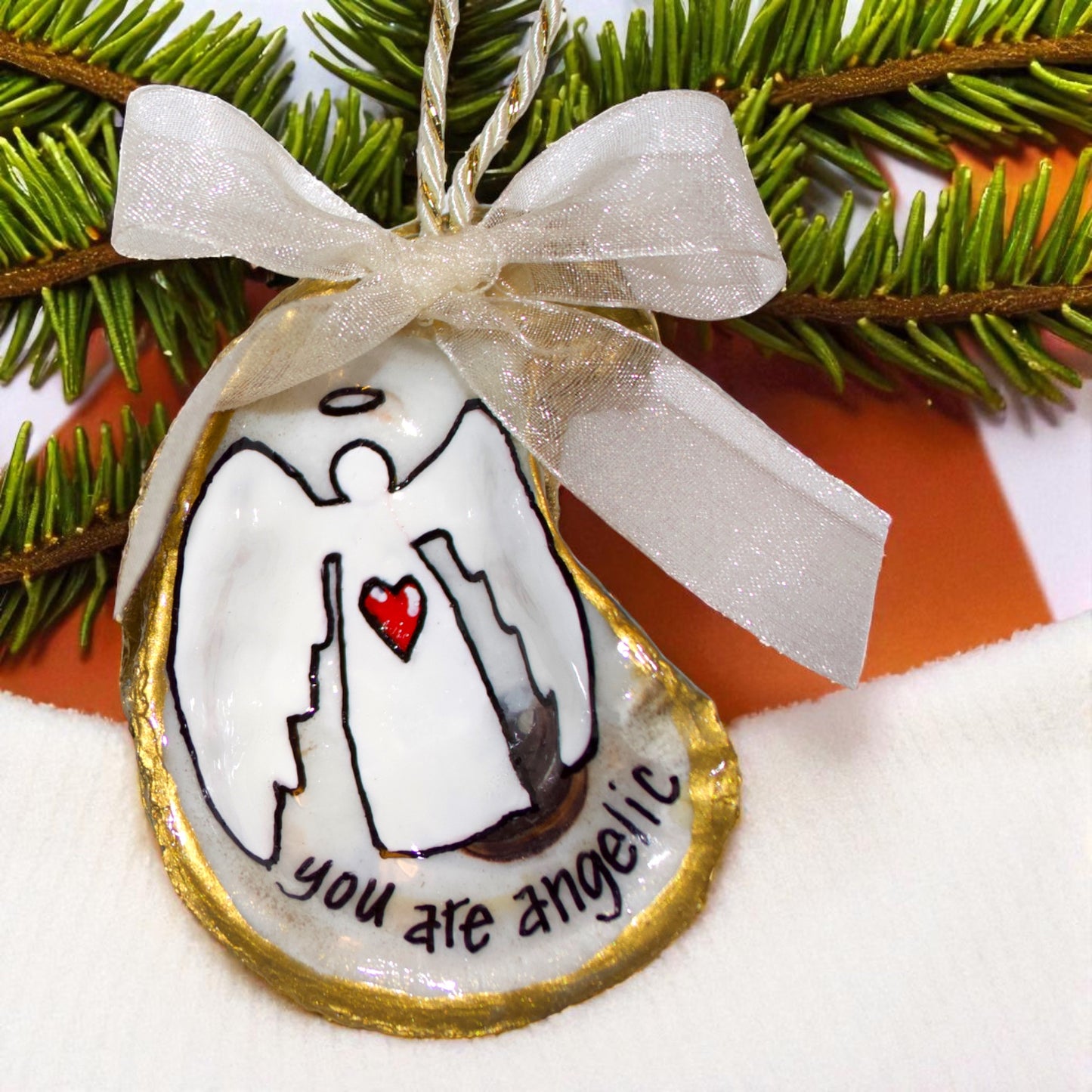 Hand-Painted Oyster Shell Christmas Ornament: "You Are Angelic"