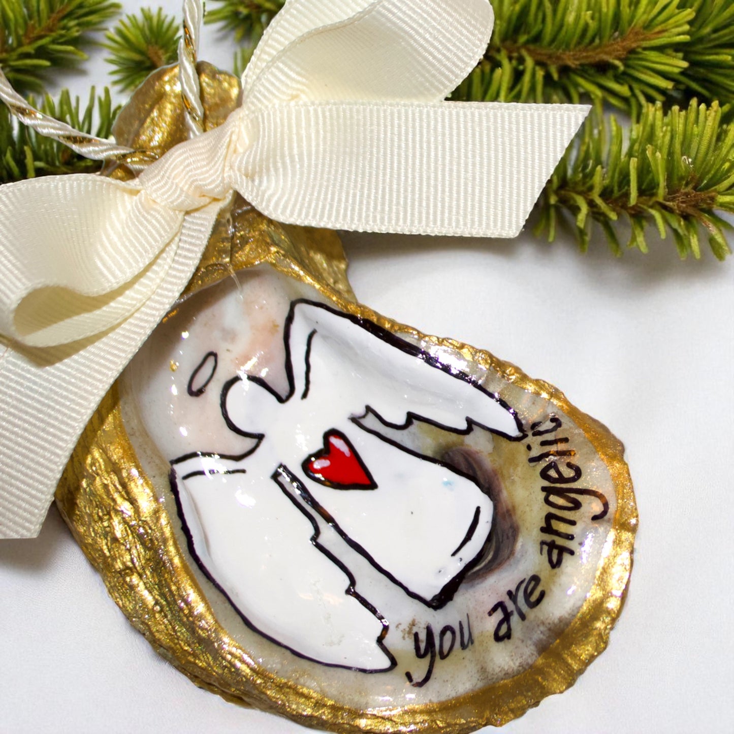 Hand-Painted Oyster Shell Christmas Ornament: "You Are Angelic"