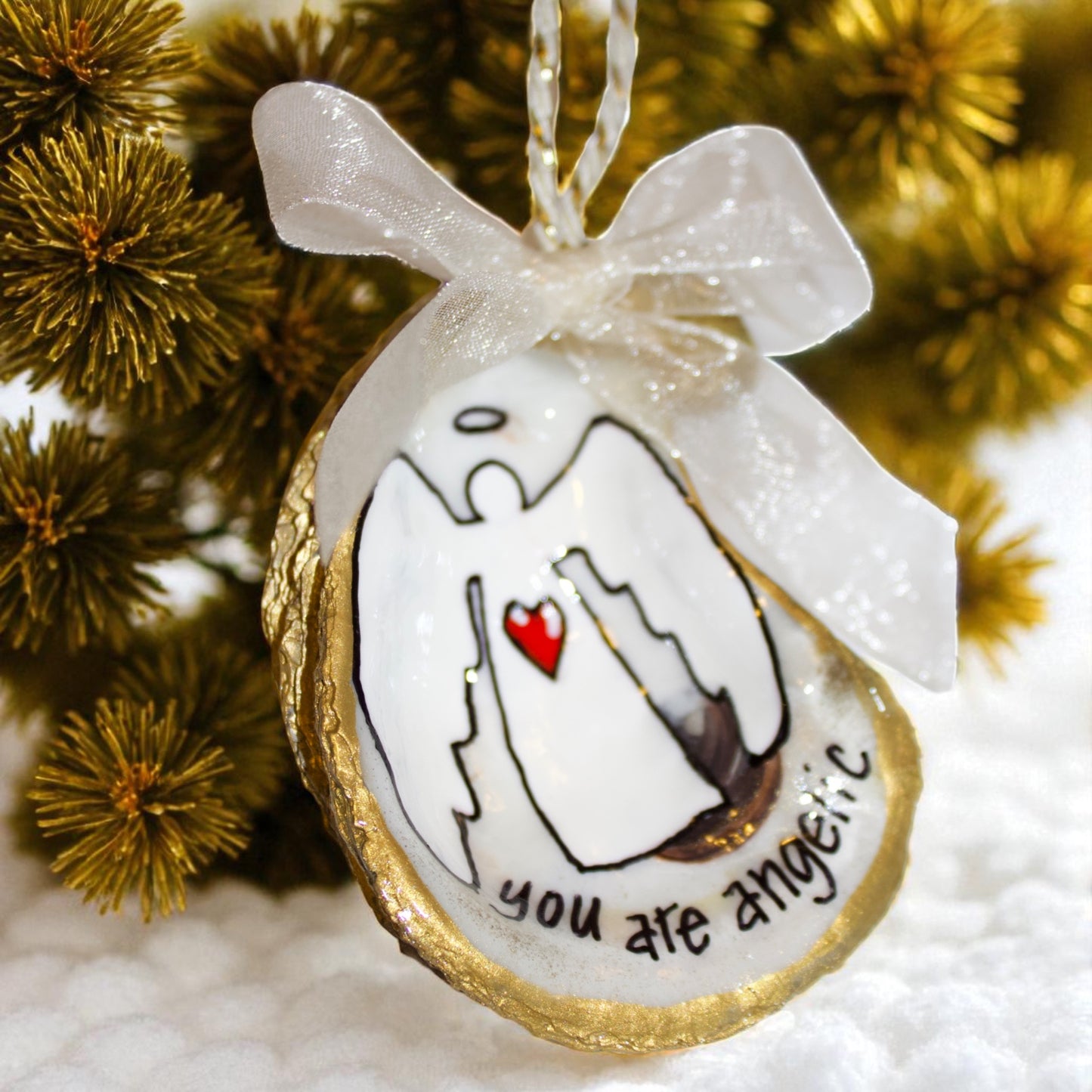 Hand-Painted Oyster Shell Christmas Ornament: "You Are Angelic"