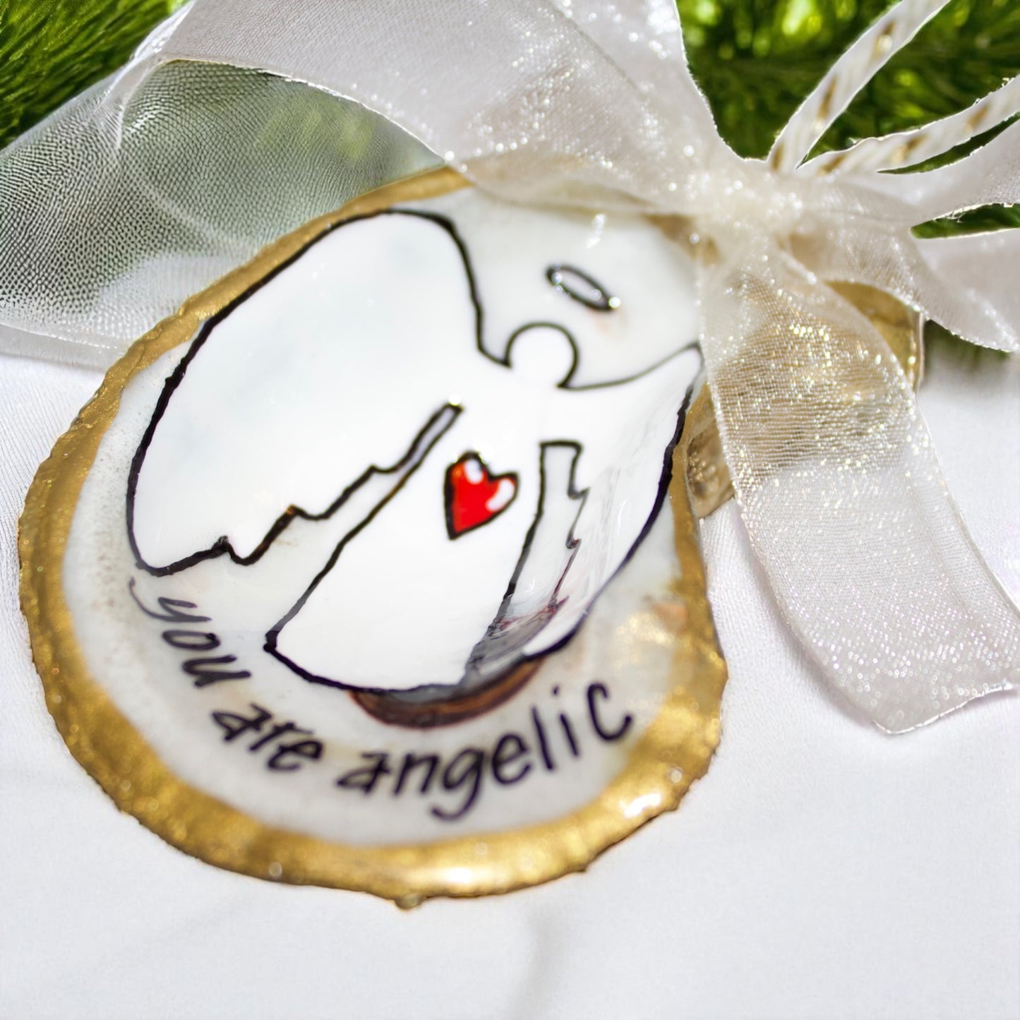 Hand-Painted Oyster Shell Christmas Ornament: "You Are Angelic"