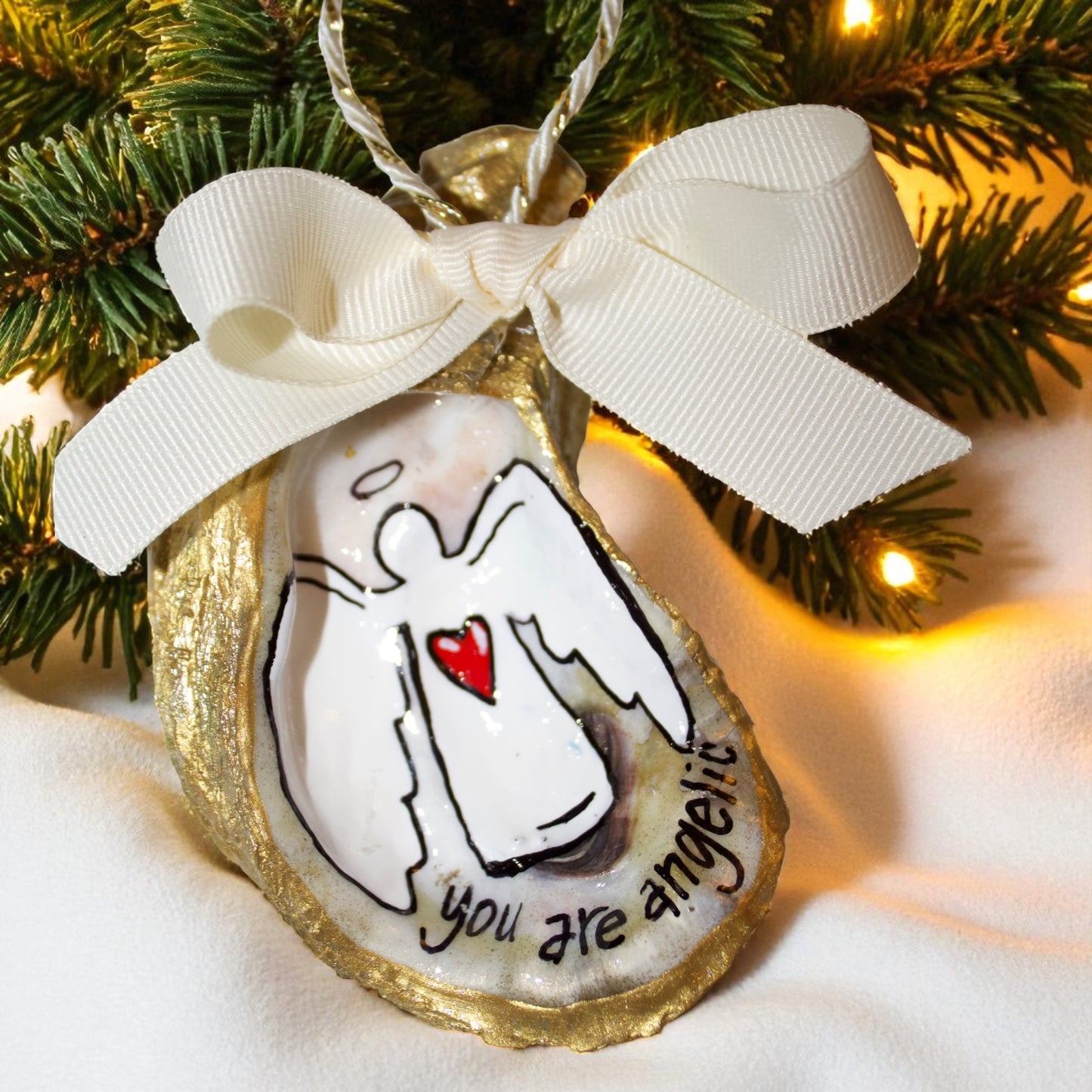 Hand-Painted Oyster Shell Christmas Ornament: "You Are Angelic"