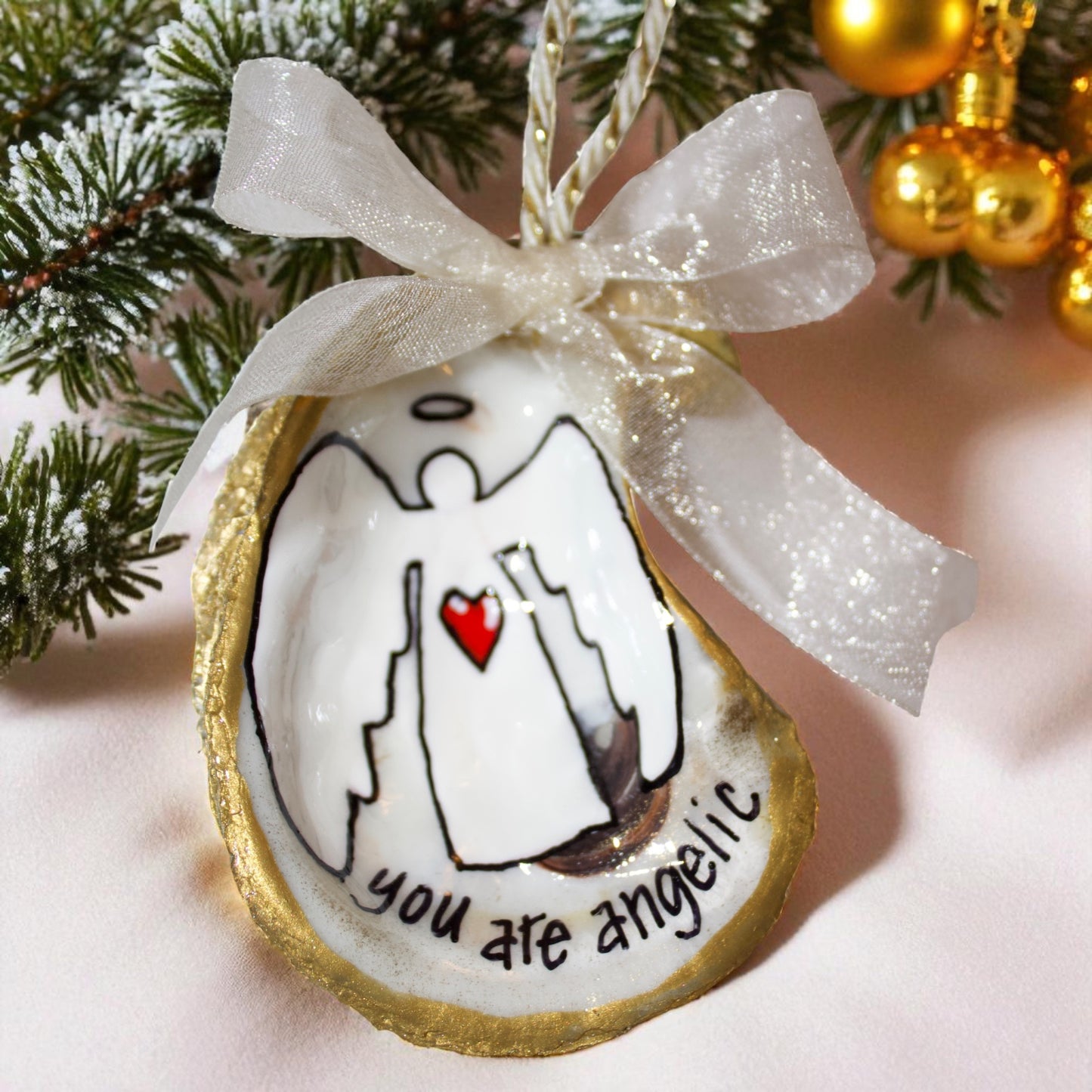 Hand-Painted Oyster Shell Christmas Ornament: "You Are Angelic"