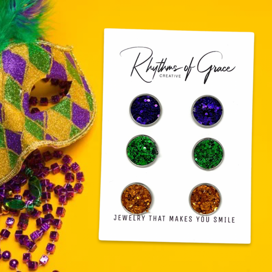 Trio of Mardi Gras Studs - Heart Earrings, Mardi Gras Earrings, Mardi Gras Glitter, Kingcake, Handmade Earrings, Mardi Gras Jewelry, Stud Earrings