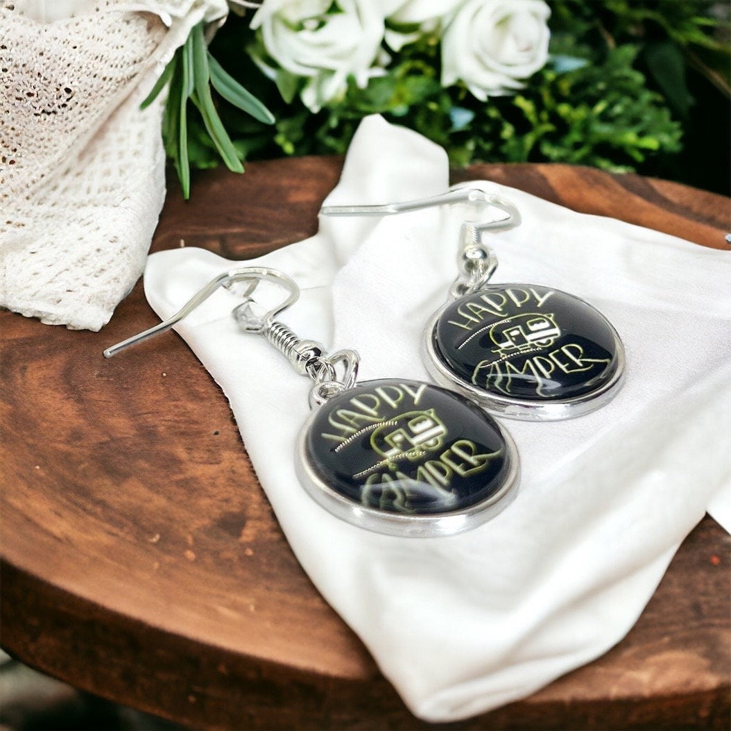 Embrace the Journey with "Happy Camper" Cabochon Dangle Earrings