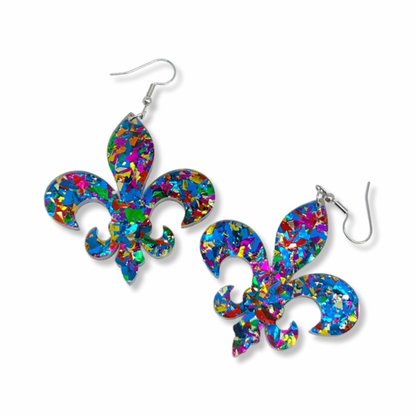 Fleur de lis Earrings - Mardi Gras Earrings, New Orleans Jewelry, Mardi Gras Jewelry, Purple Green Gold, Glitter Earrings, Beaded Earrings