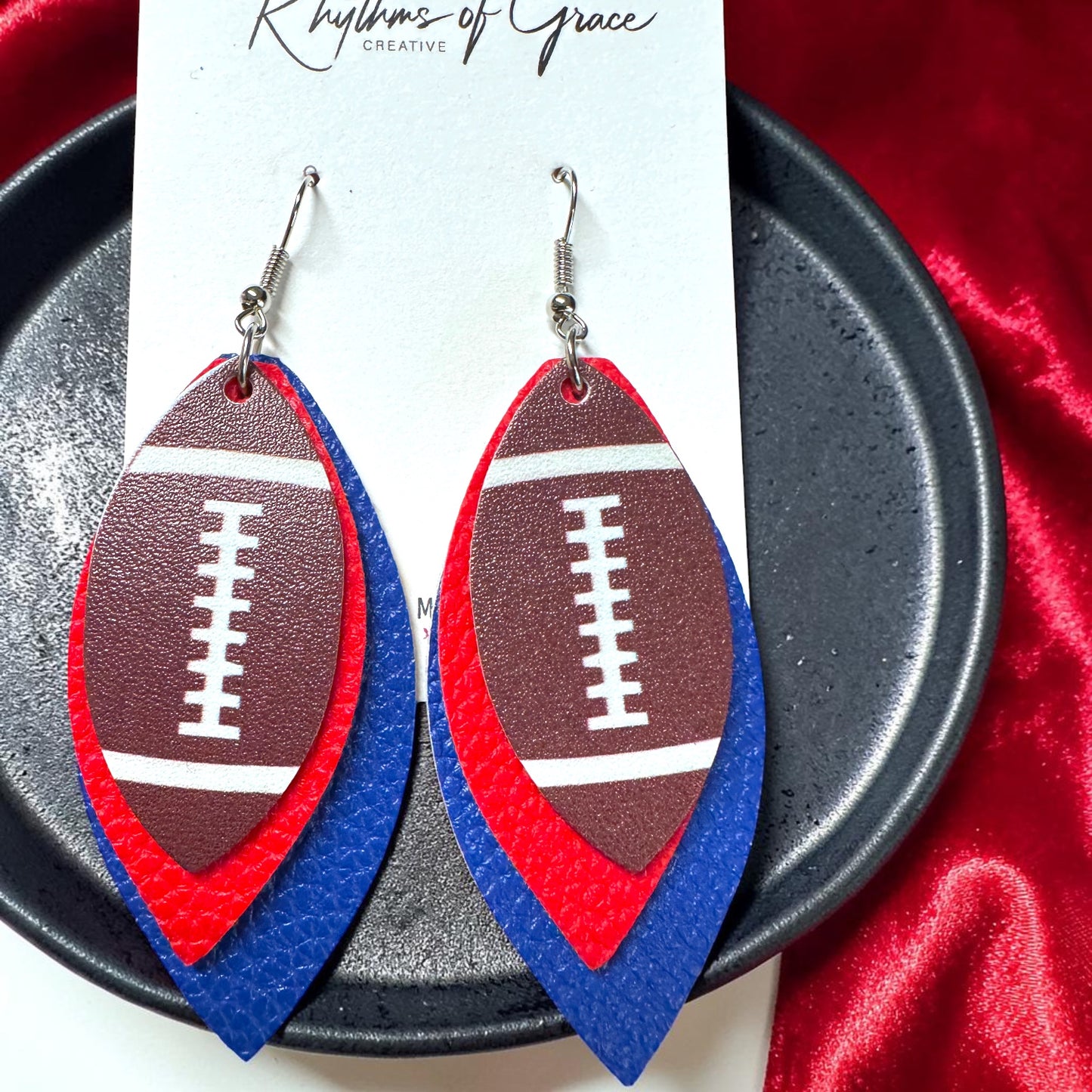 Red & Blue Football Earrings – Triple Layer PU Leather Game Day Dangle Earrings