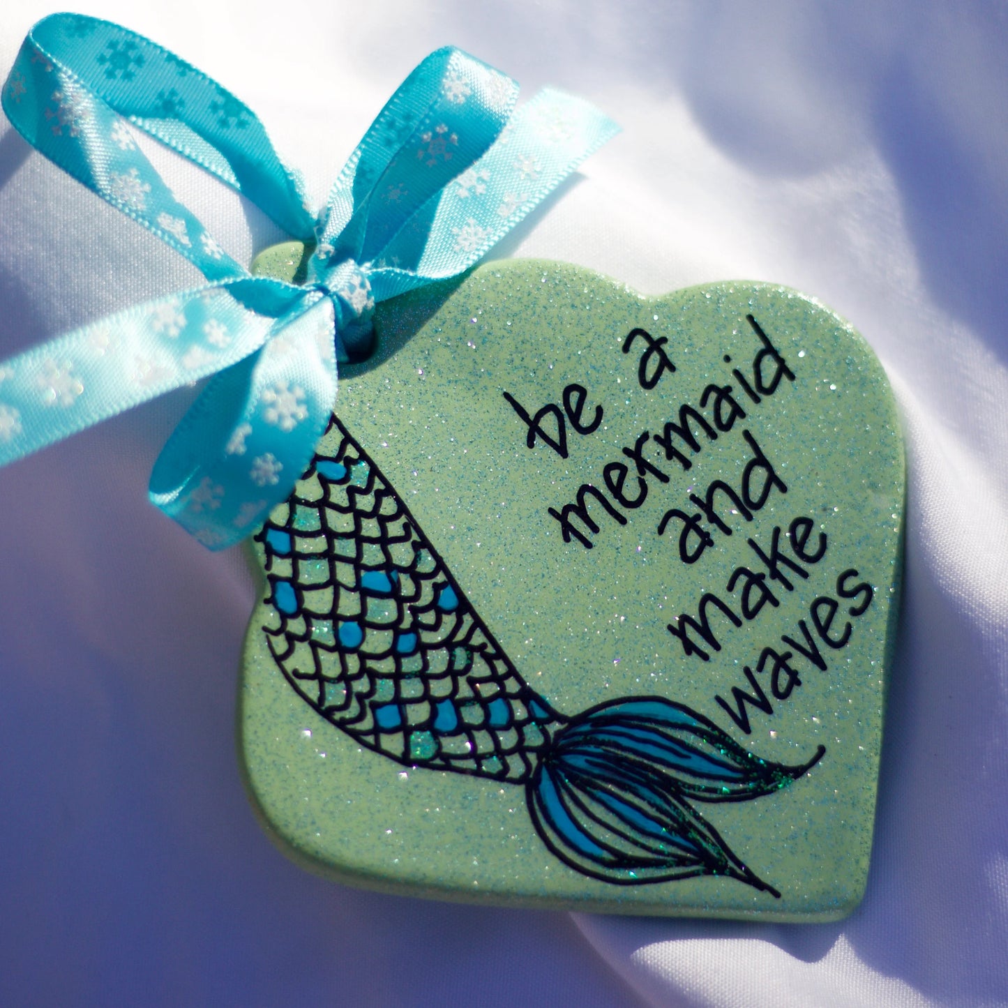 Sparkly Mermaid Ornament – “Be a Mermaid and Make Waves” | Handmade Glitter Ornament | Ocean-Inspired Gift