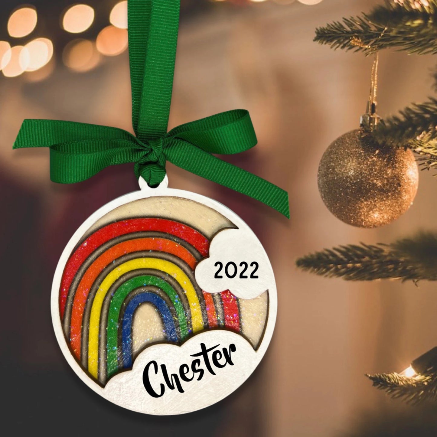 Colorful Memories: Personalized Wooden Rainbow Ornament