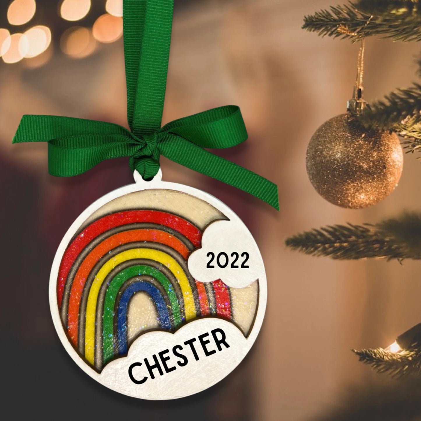 Colorful Memories: Personalized Wooden Rainbow Ornament