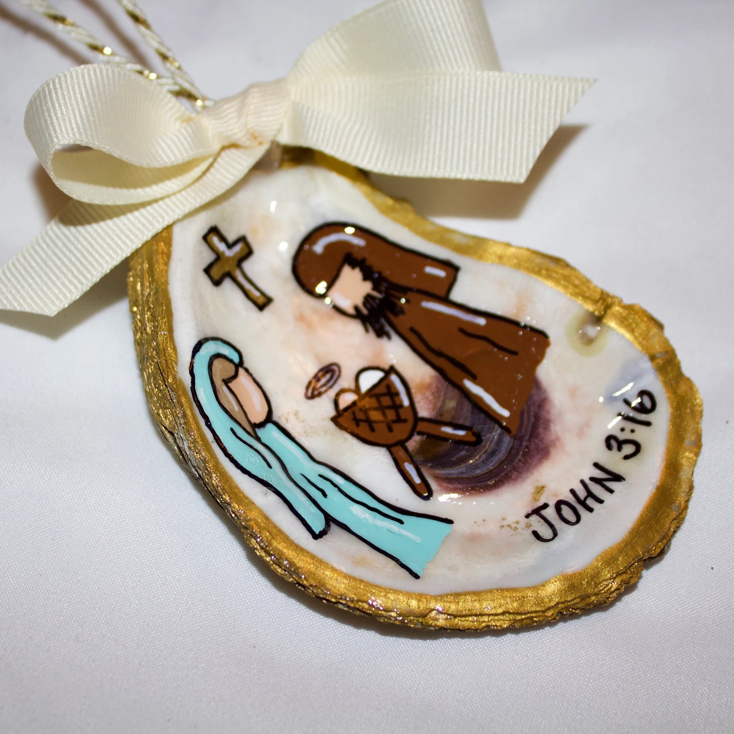Hand-Painted Oyster Shell Christmas Ornament: "John 3:16"