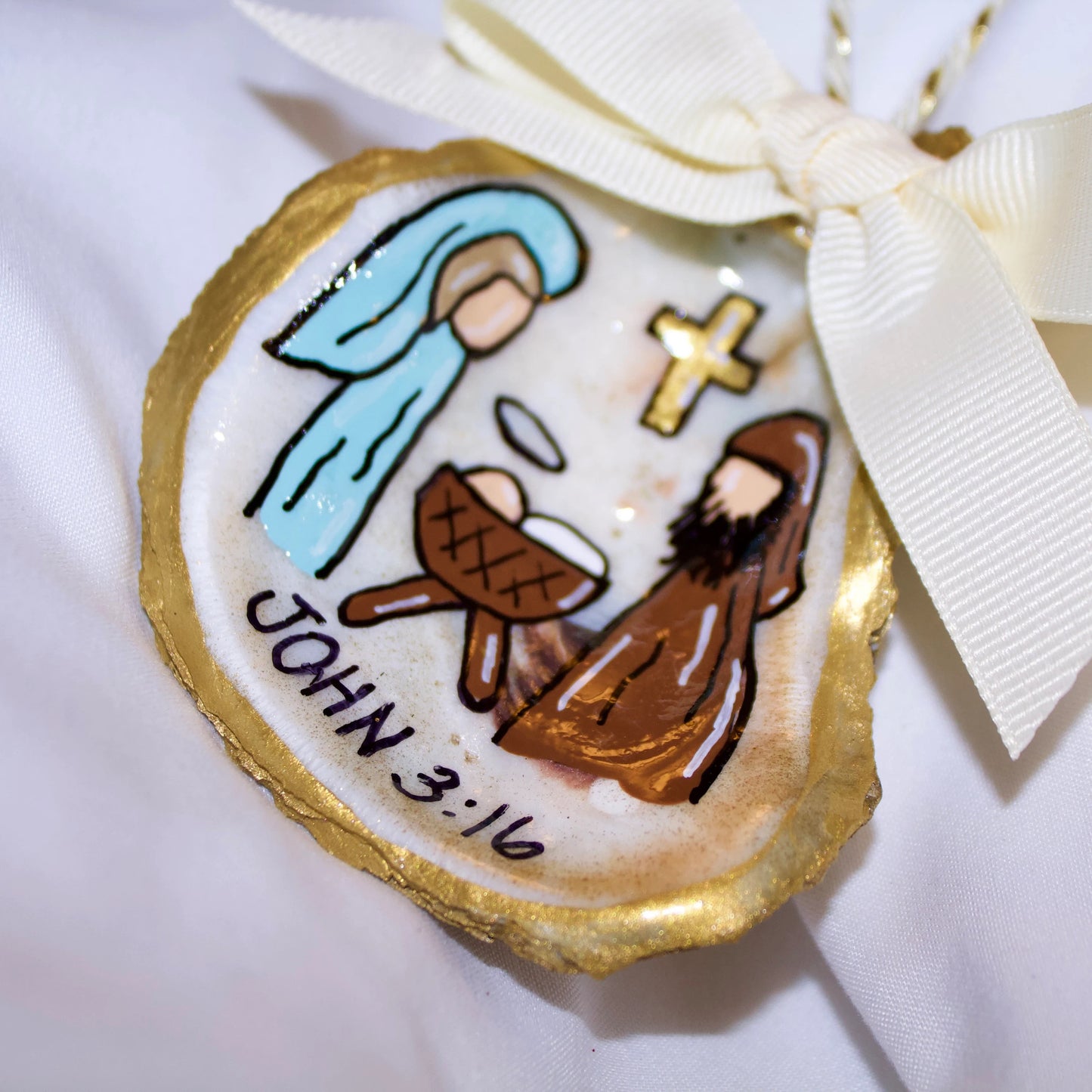 Hand-Painted Oyster Shell Christmas Ornament: "John 3:16"