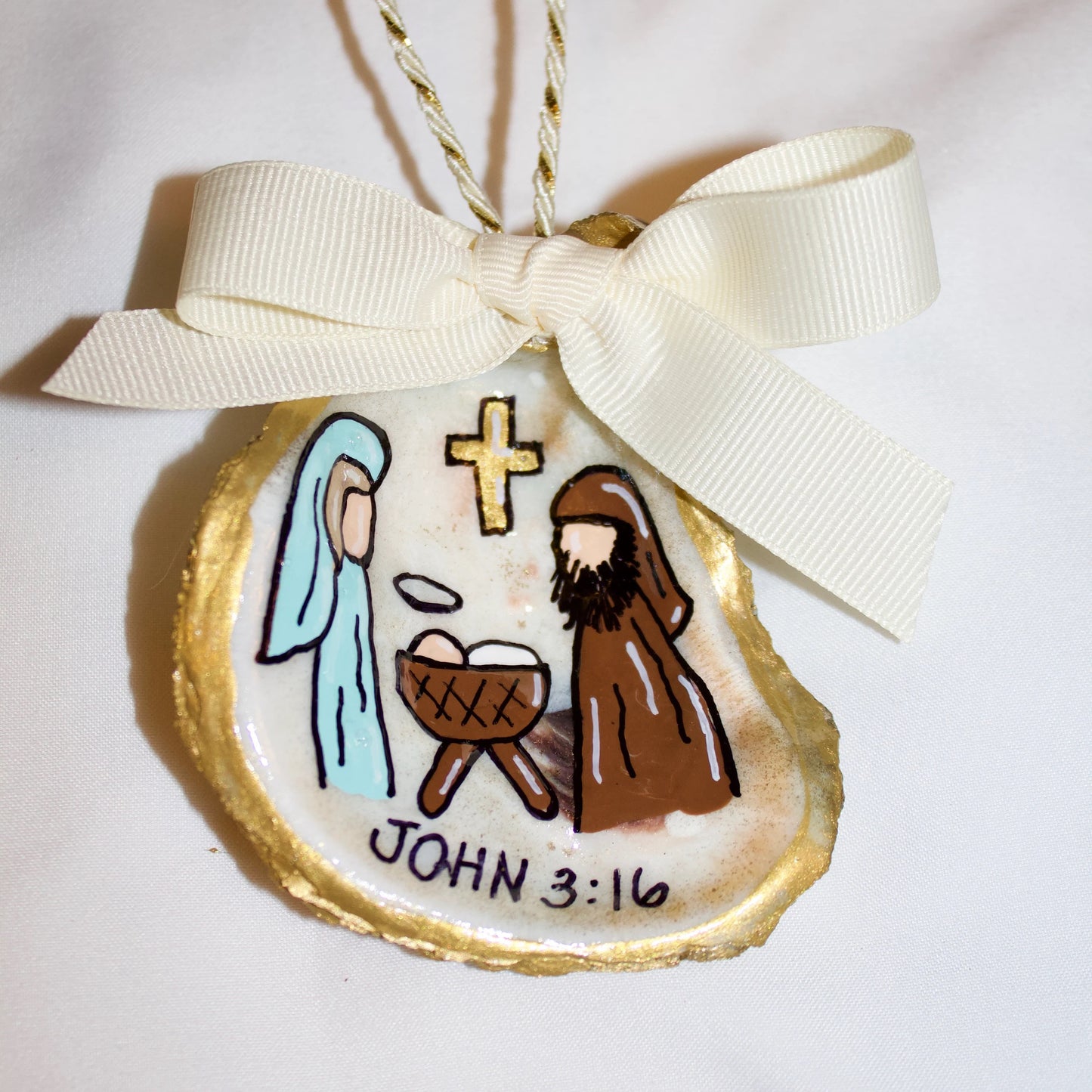 Hand-Painted Oyster Shell Christmas Ornament: "John 3:16"