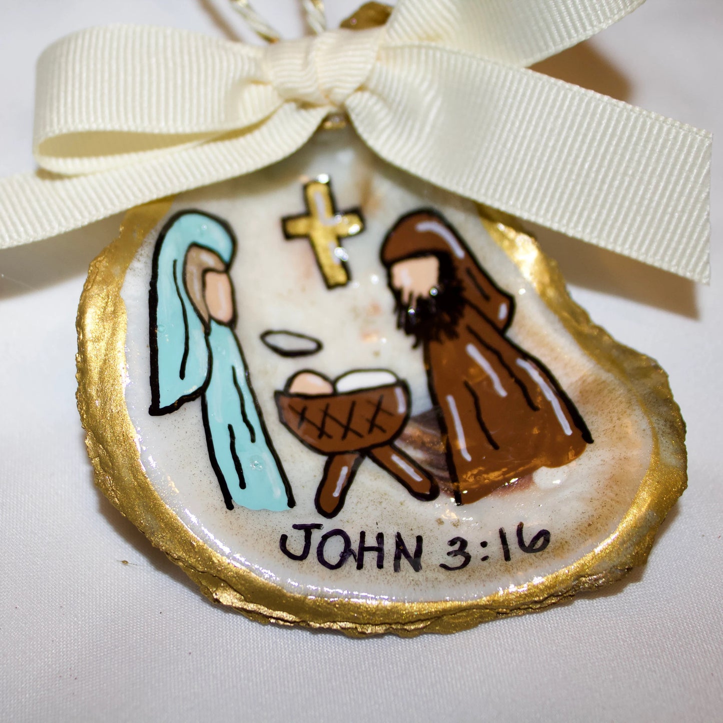 Hand-Painted Oyster Shell Christmas Ornament: "John 3:16"