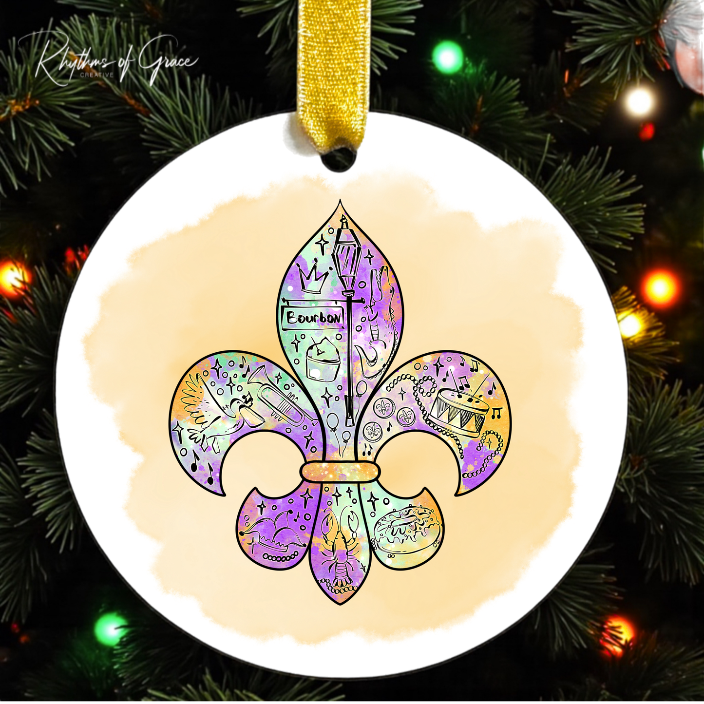 Mardi Gras Fleur-de-Lis Ornament | Louisiana Watercolor Art