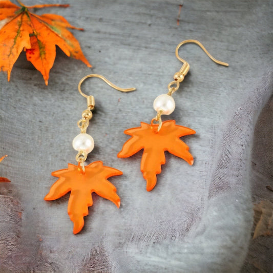 Autumn Maple Leaf Earrings - Fall, Handmade Jewelry, Gold Leaf, Halloween, Orange, Faux Pearls, Handmade Earrings, Appreciation Gift