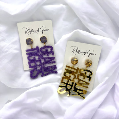 Geaux Tigers Earrings - Tiger Earrings, College Football Earrings, Handmade Jewelry, Purple and Gold, Football, Handmade Earrings, Louisiana