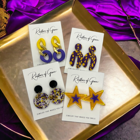 Purple and Gold Earrings - Purple Gold, Louisiana Football, Handmade Earrings, Purple and Gold Jewelry, Purple Earrings, Geode Gift, Tiger
