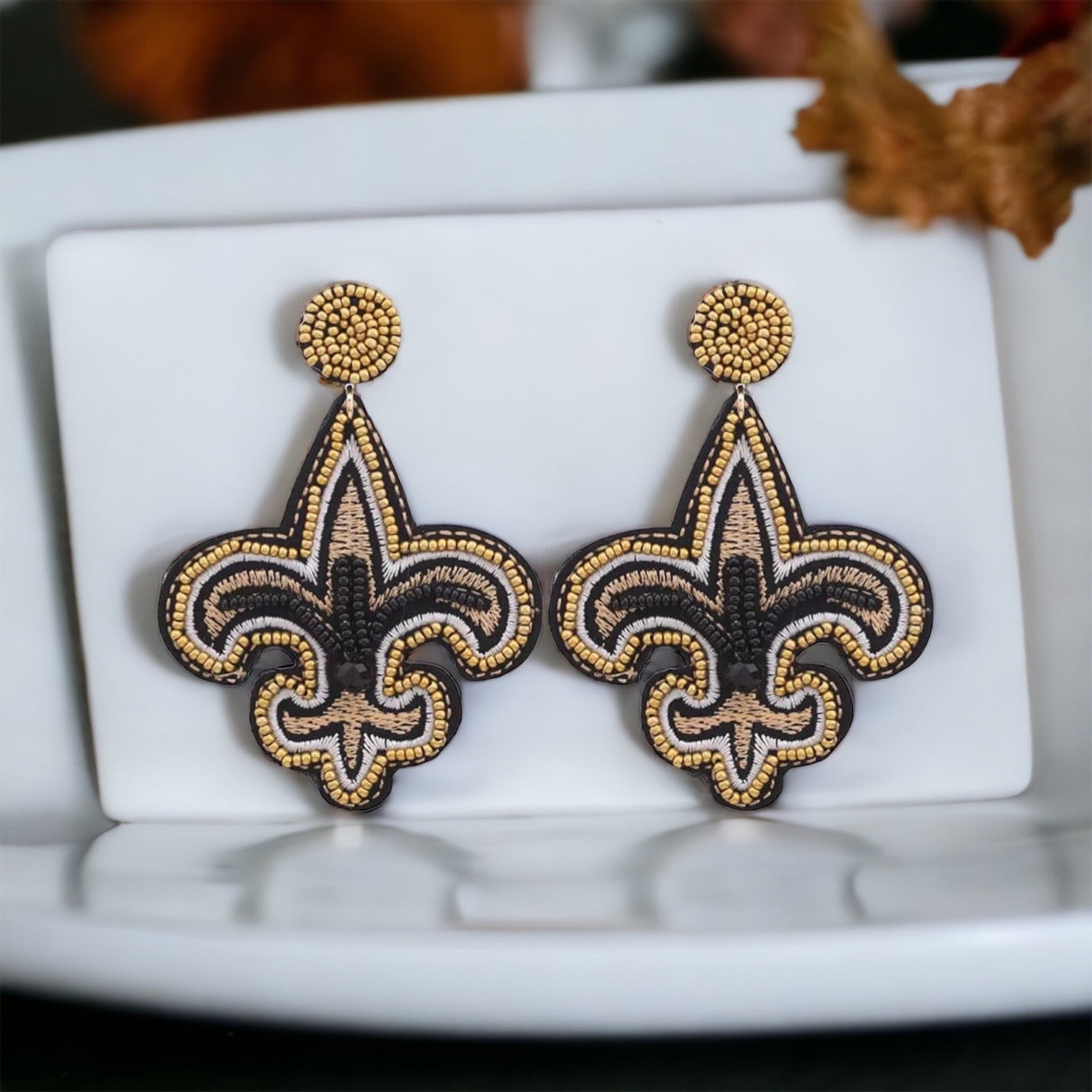 NOLA Fleur-de-Lis Earrings | Beaded Black & Gold Saints Jewelry | Celebrate Louisiana Pride! - Rhythms of Grace Creative