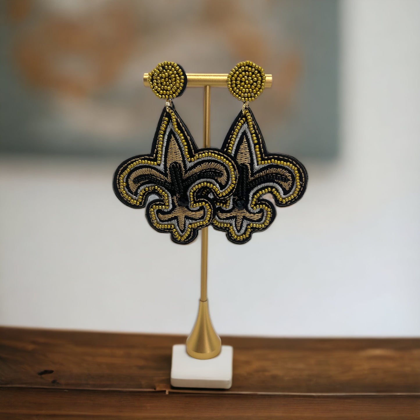 NOLA Fleur-de-Lis Earrings | Beaded Black & Gold Saints Jewelry | Celebrate Louisiana Pride! - Rhythms of Grace Creative